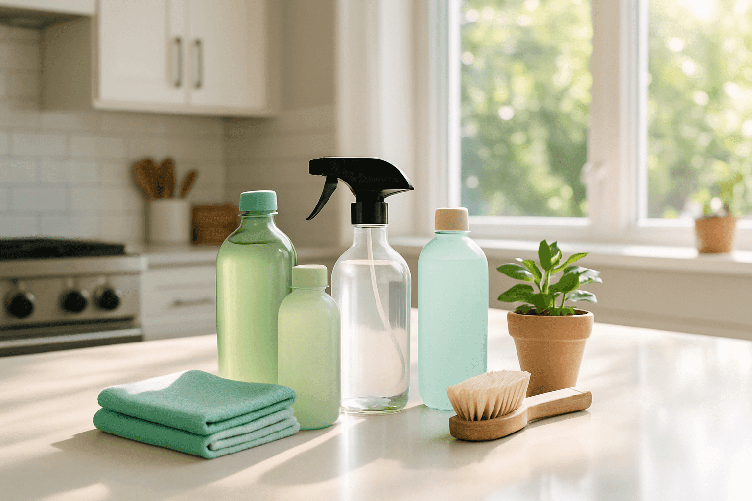 Eco-friendly cleaning supplies arranged in a bright kitchen
