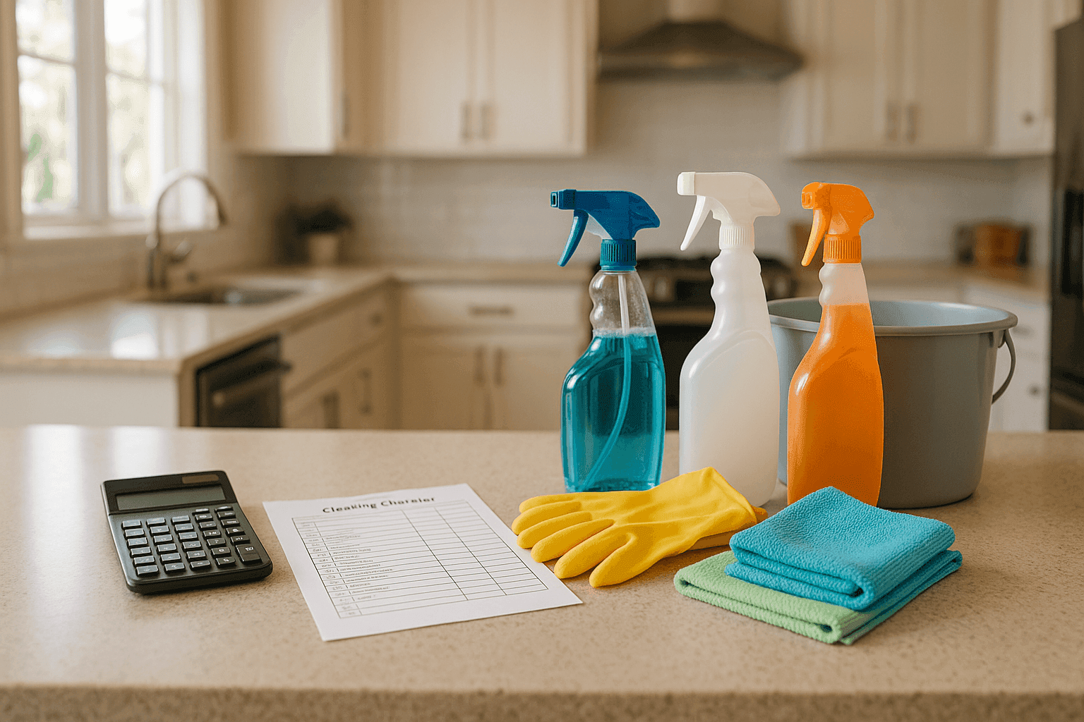 Calculator and cleaning supplies on home kitchen counter